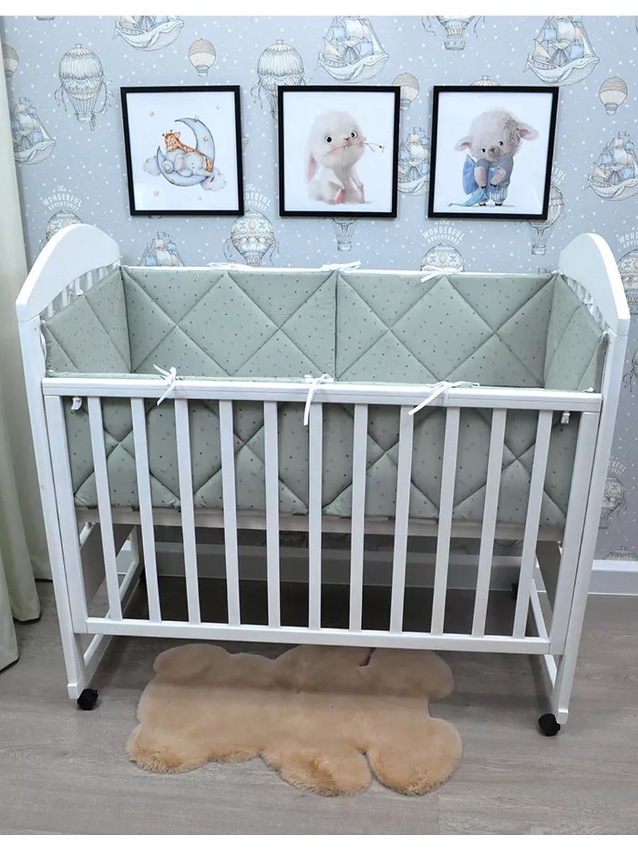 Бортики в кроватку для новорожденных стеганые - Звездочки на хаки