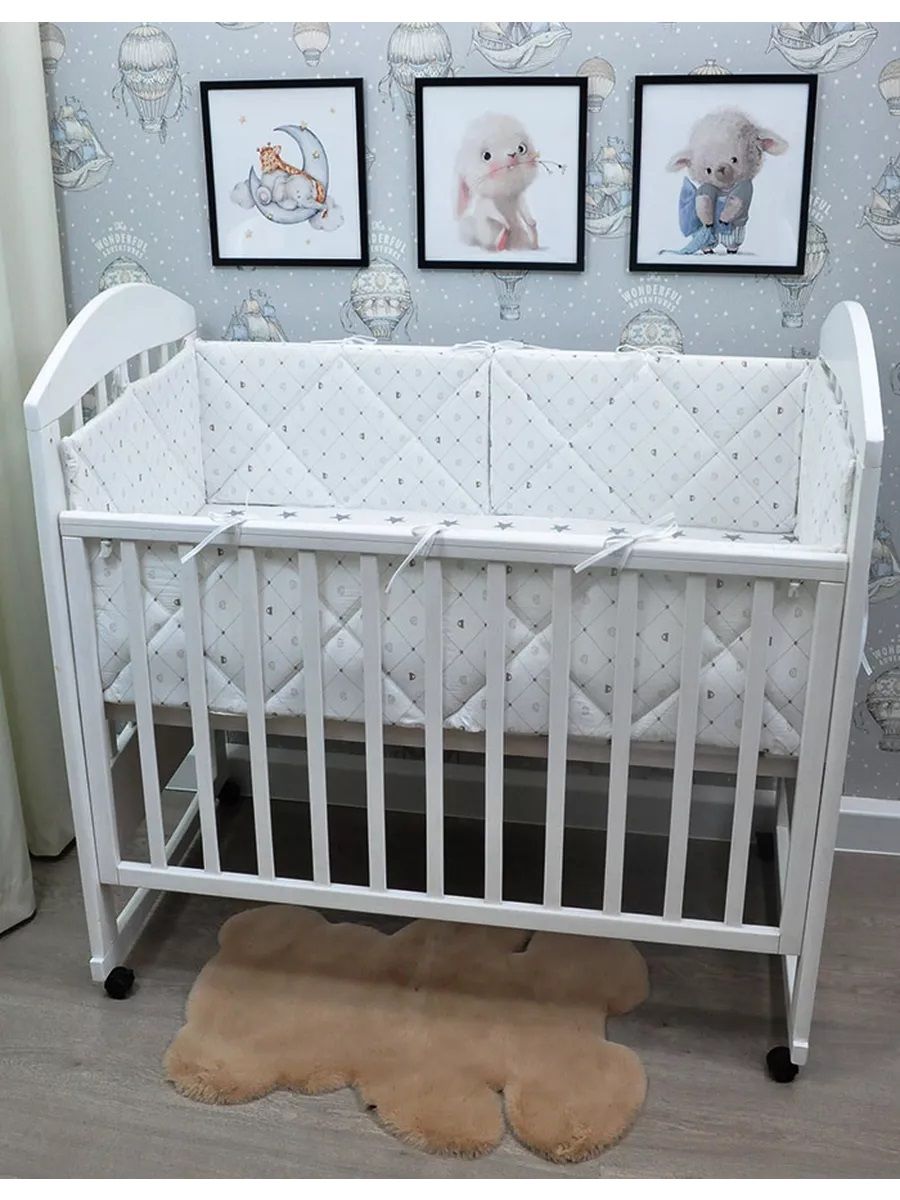 Бортики в кроватку для новорожденных стеганые - Мишки в ромбике