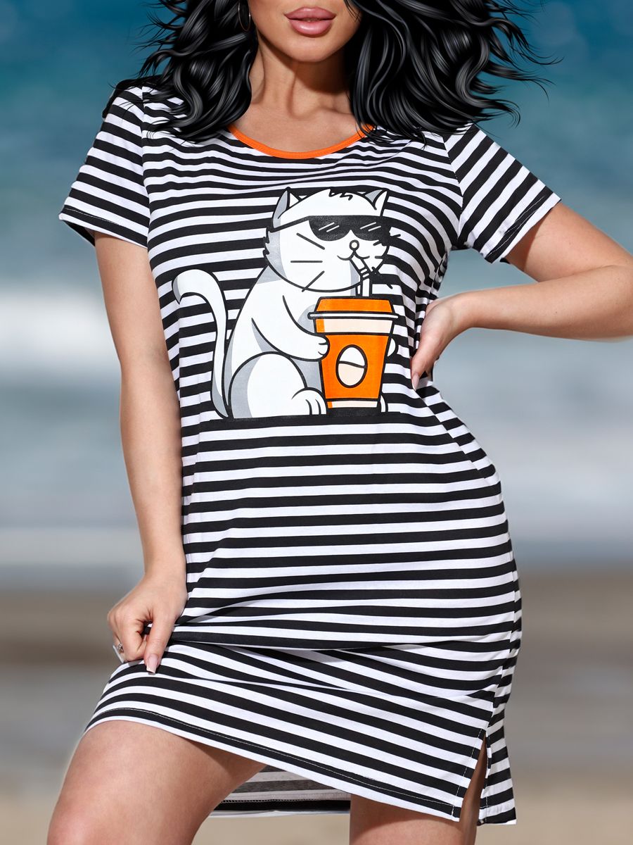 24410 Туника в полоску с принтом - черная полоска на белом