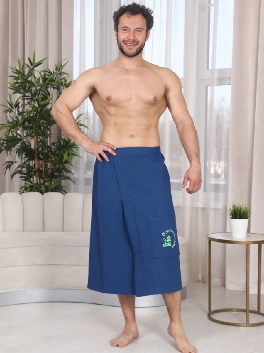 Накидка вафельная мужская с вышивкой - синий