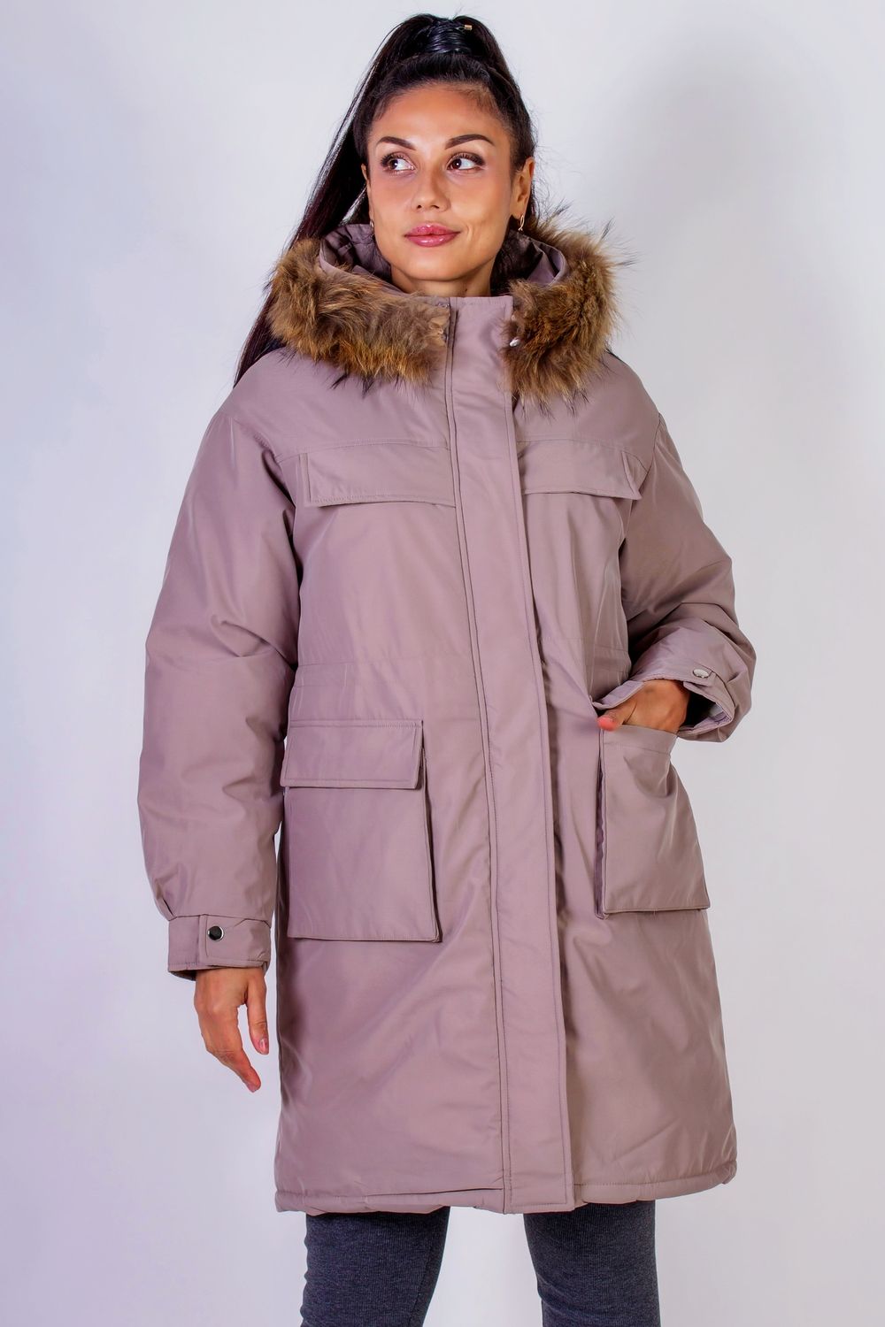 Зимняя парка удлиненная, с капюшоном натуральный мех арт. 619 - коричневый