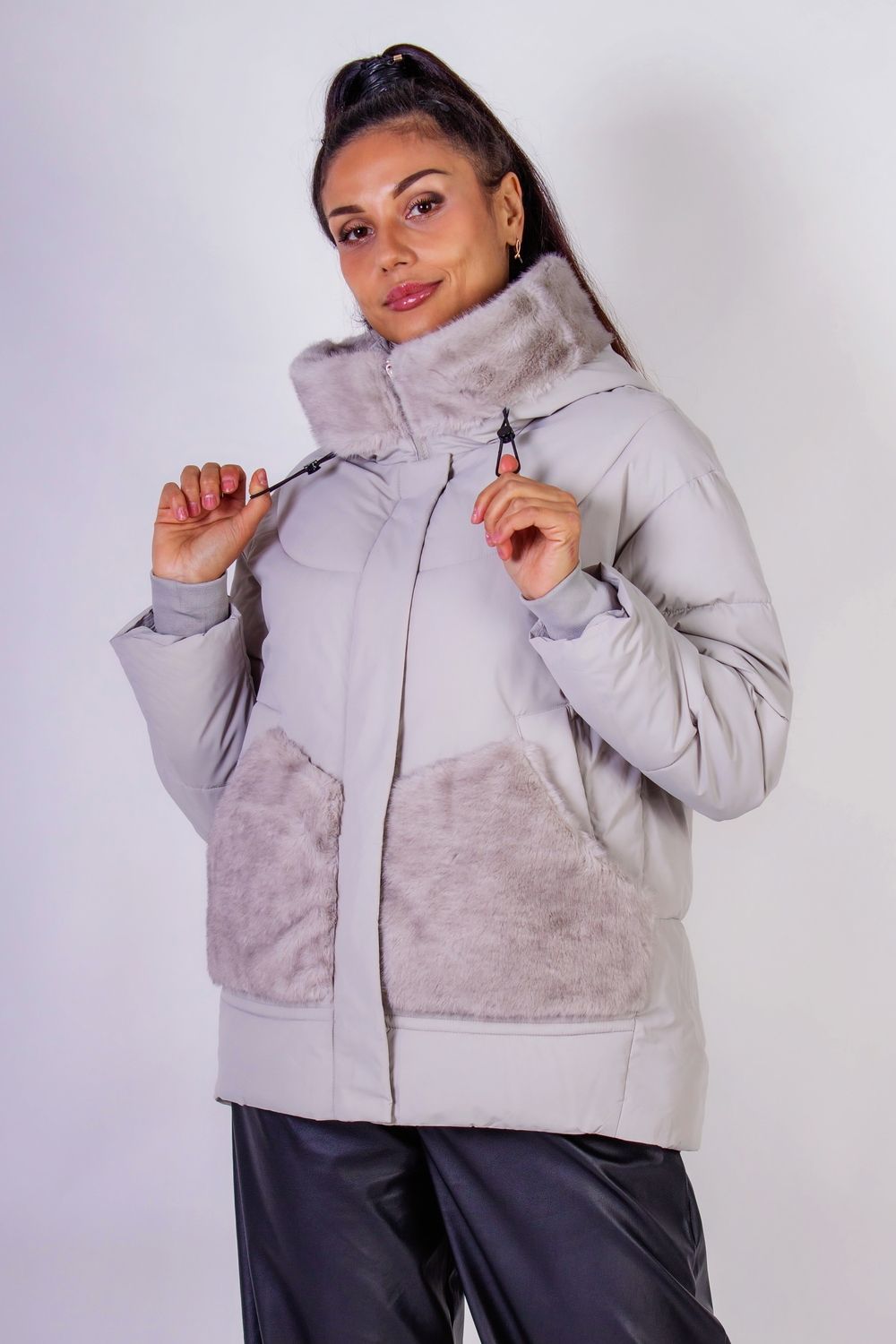 Зимняя куртка с капюшоном Меховая отделка арт.631 - серый