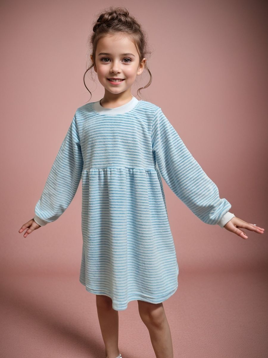 Платье Велюр с длинным рукавом 33054 - голубой