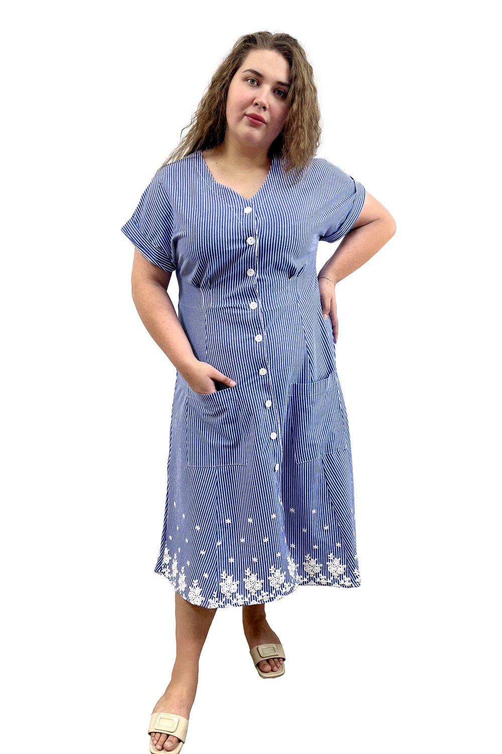 Халат женский на пуговицах Х-21 - голубой-белый