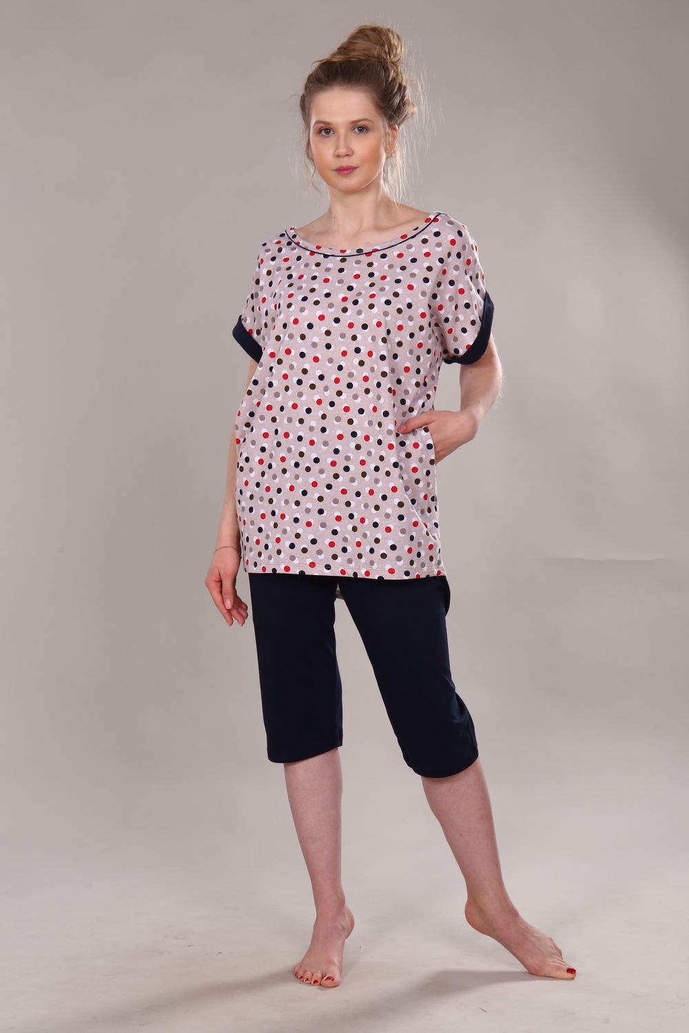 Пижама женская с бриджами ТК-275 - темно-синий в горох