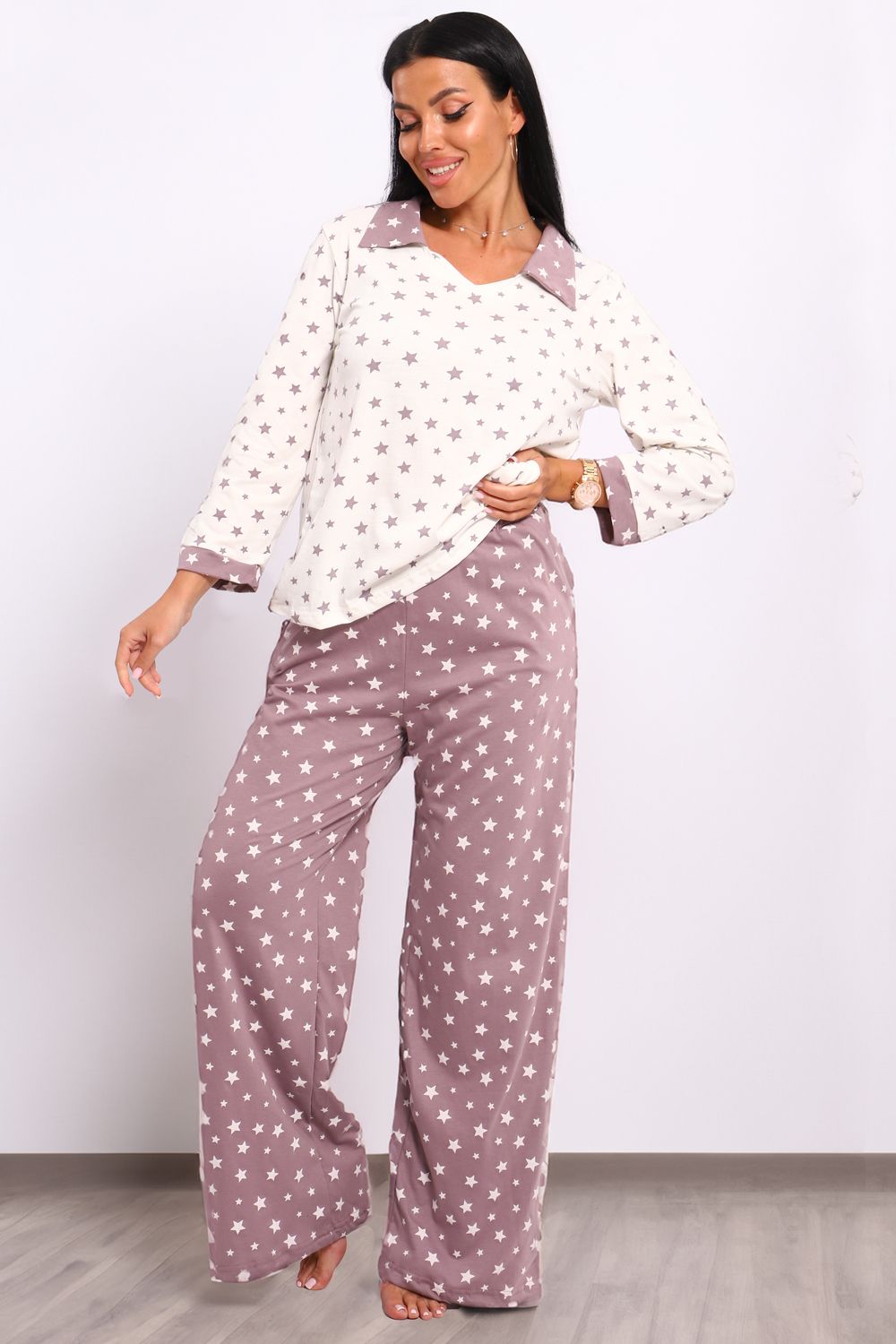 33524 Пижама с брюками палаццо - молочный-звезда