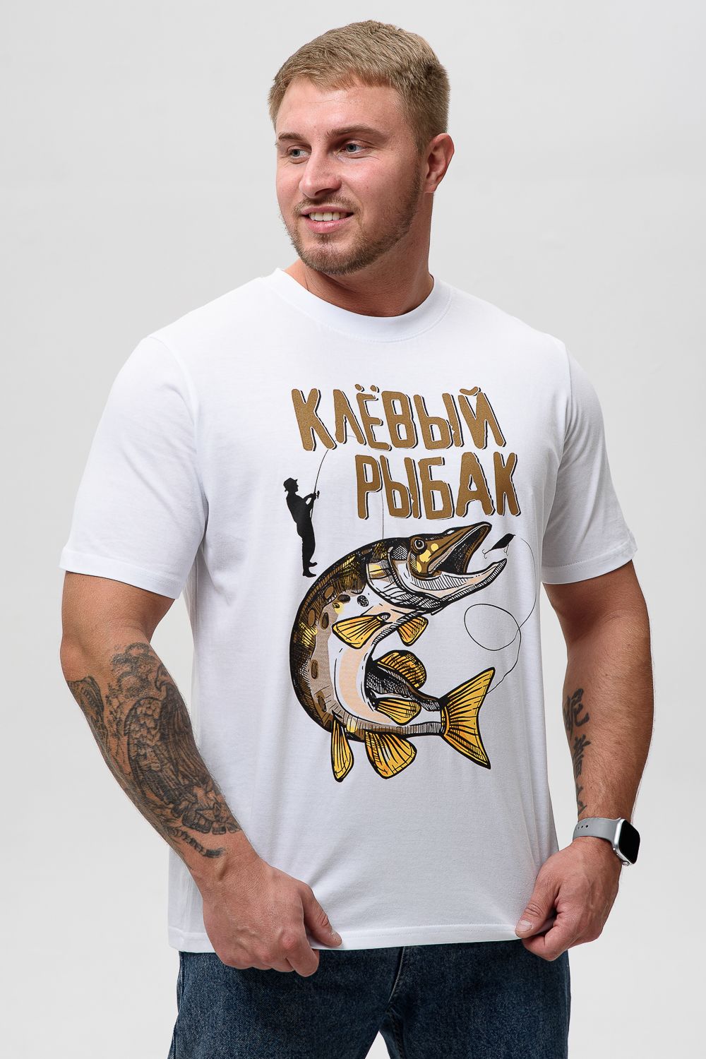 8539 футболка мужская - белый+рыбак