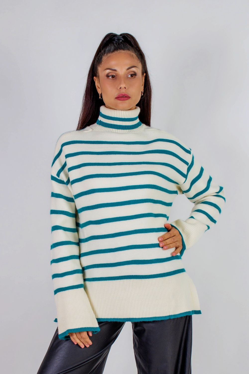 Теплая туника в полоску высокий ворот арт. 2918 - молочный+бирюзовая полоса