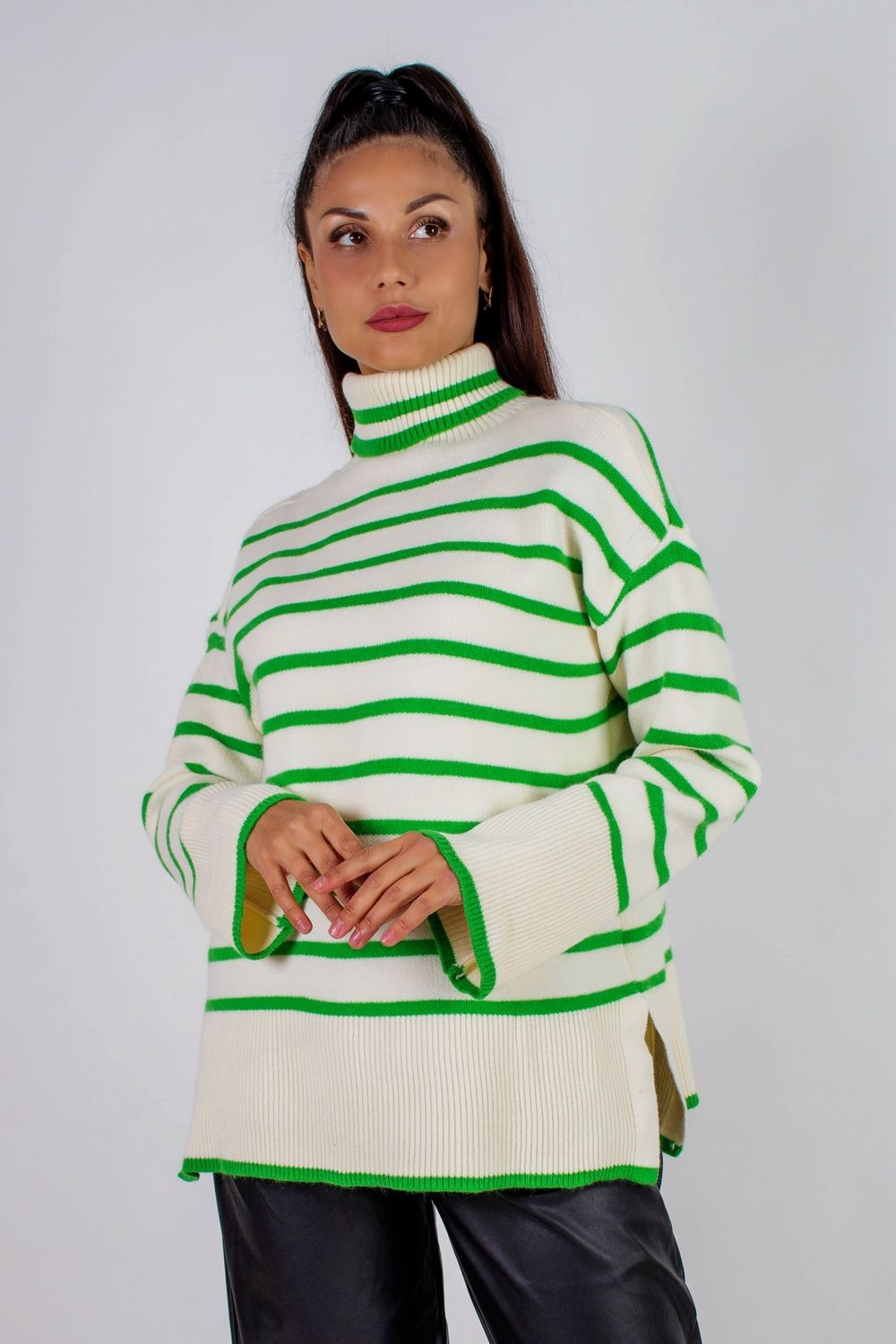 Теплая туника в полоску высокий ворот арт. 2918 - молочный+зеленая полоса