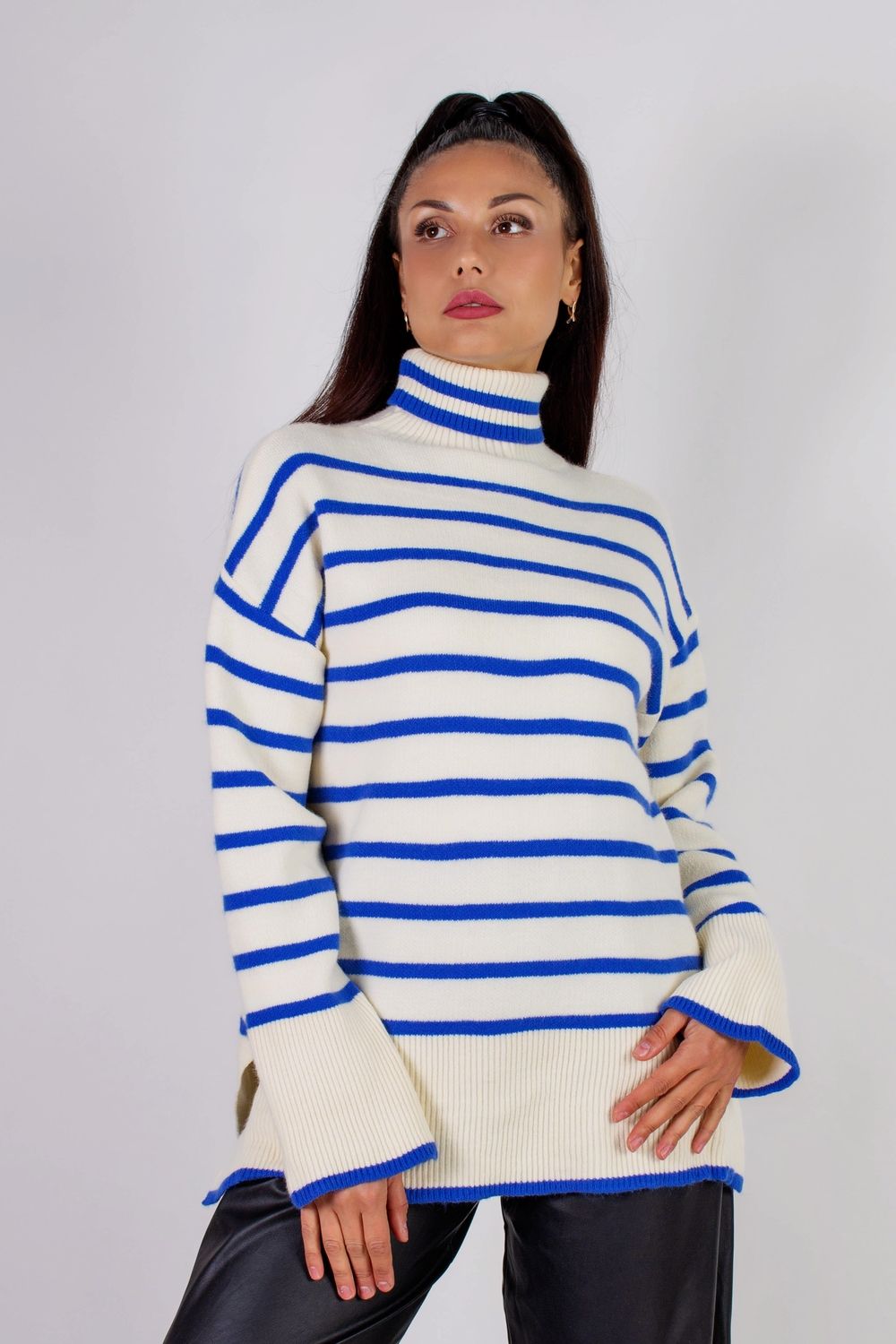 Теплая туника в полоску высокий ворот арт. 2918 - молочный+синяя полоса