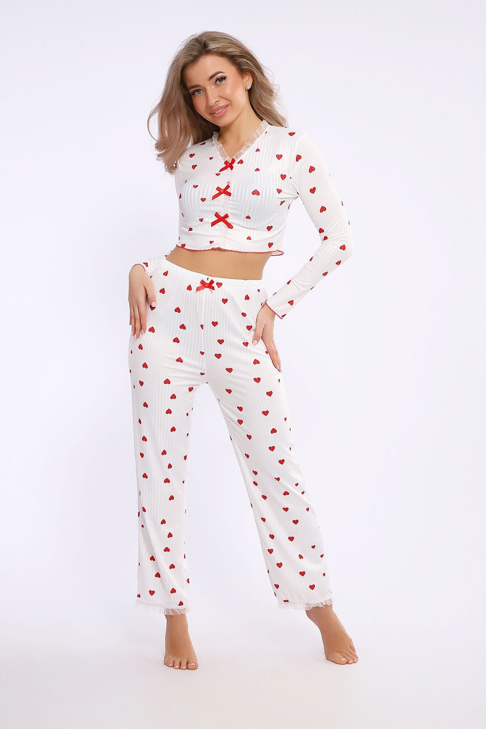 пижама женская с брюками с длинным рукавом 5735 - бел/красн