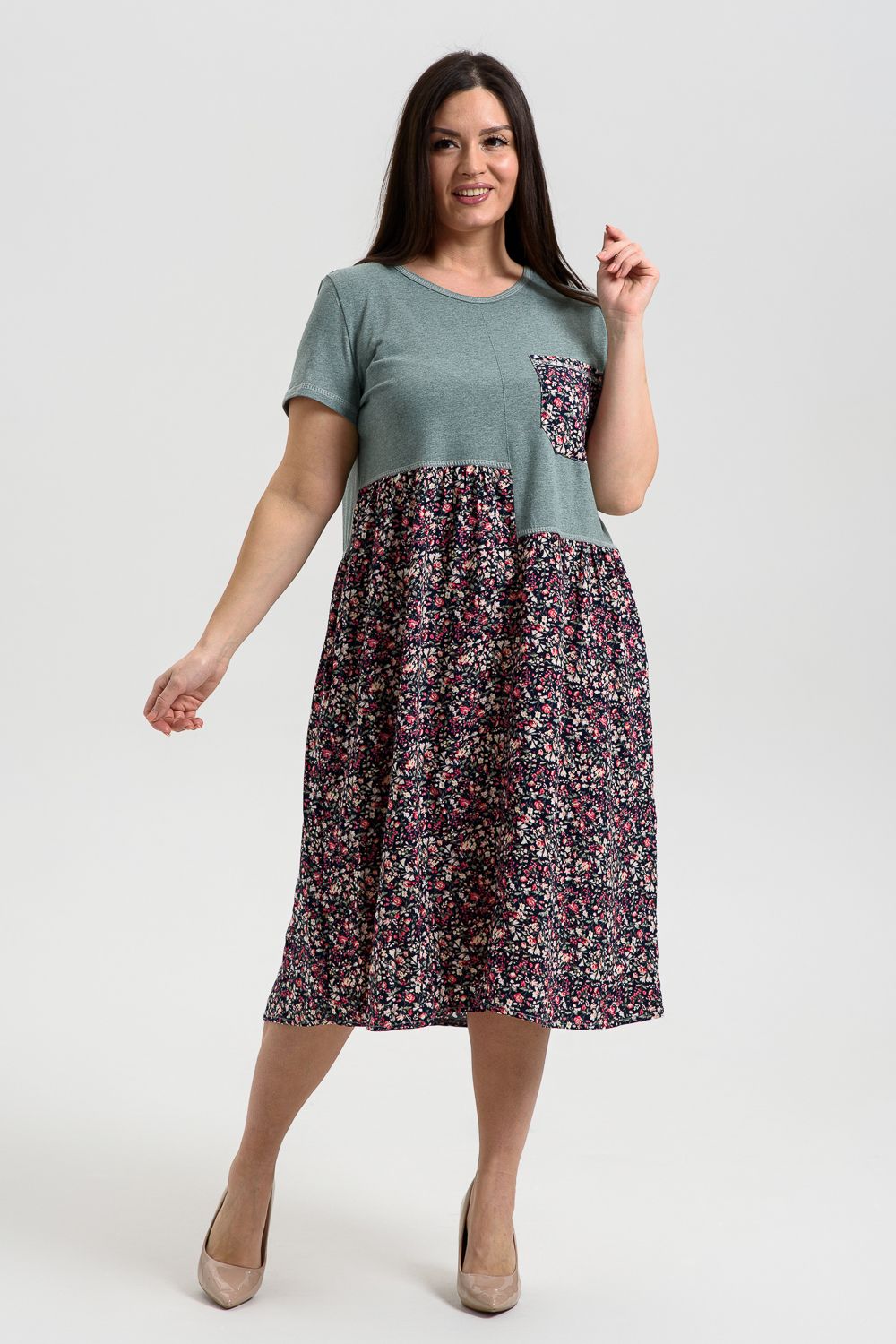 Платье женское 9258 - олива цветы