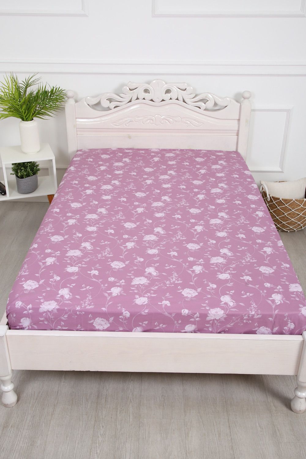 Простыня на резинке поплин Пиония-компаньон - малиновый