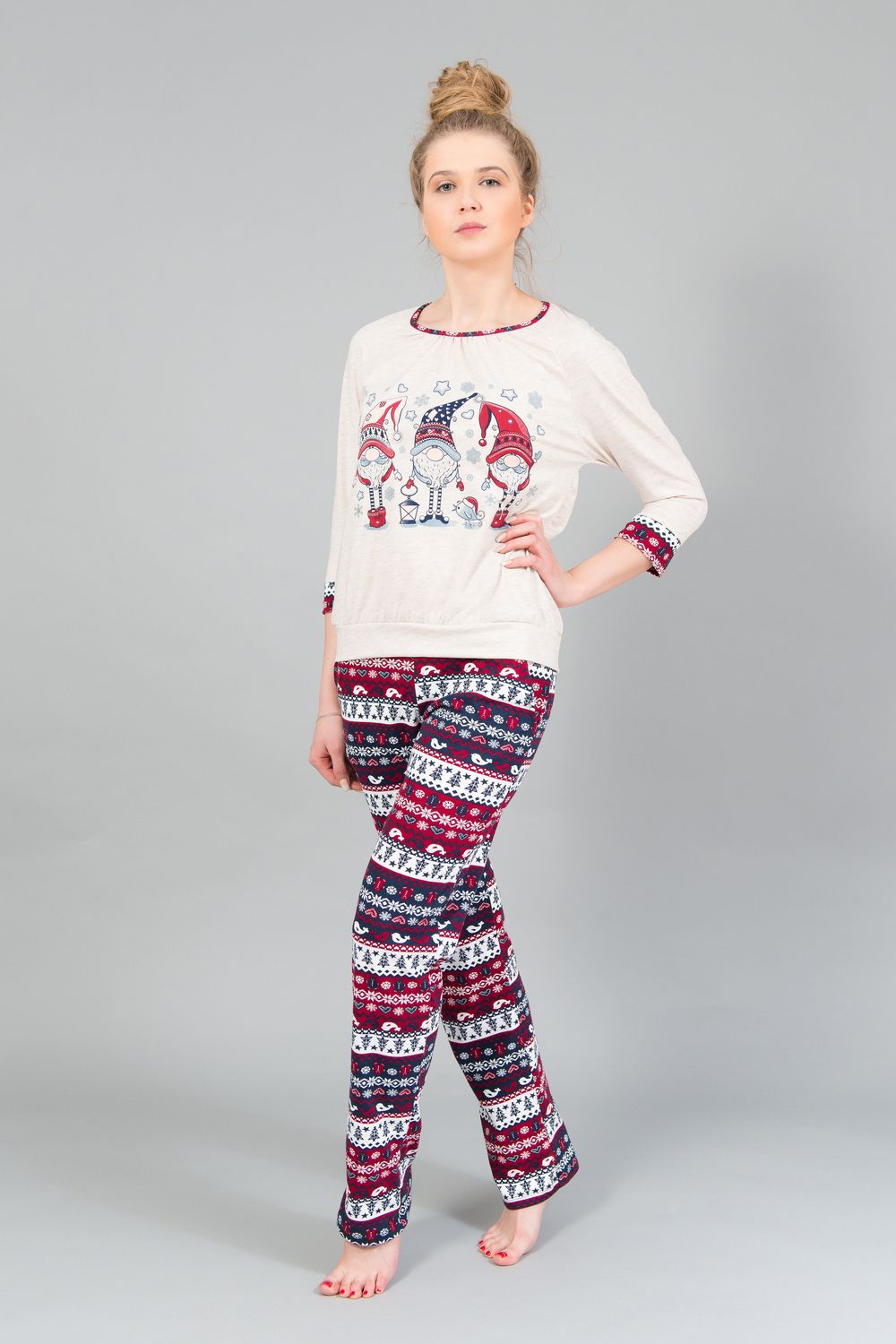 Пижама женская с брюками хлопок 186 - бежевый-красный