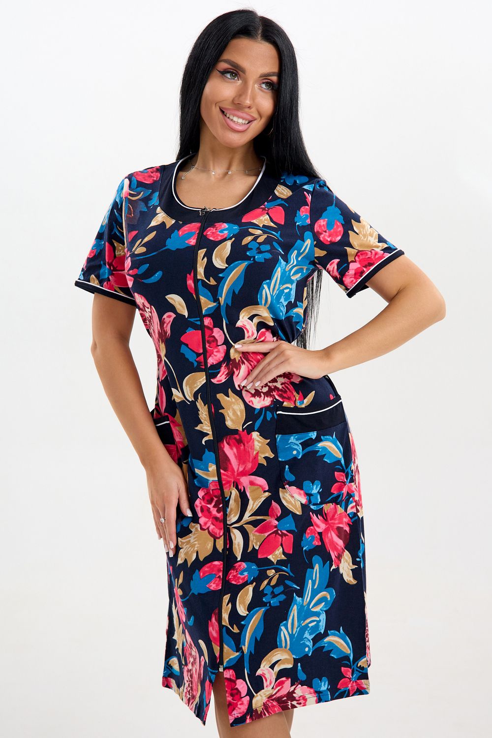 Халат женский 46663 - синий+цветы