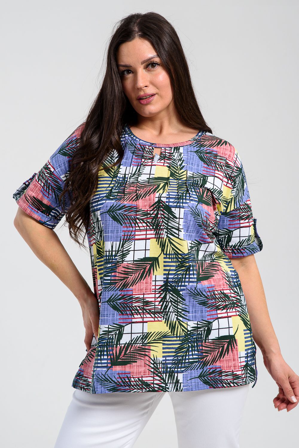 Туника 8243 - тропические листья с сиреневым