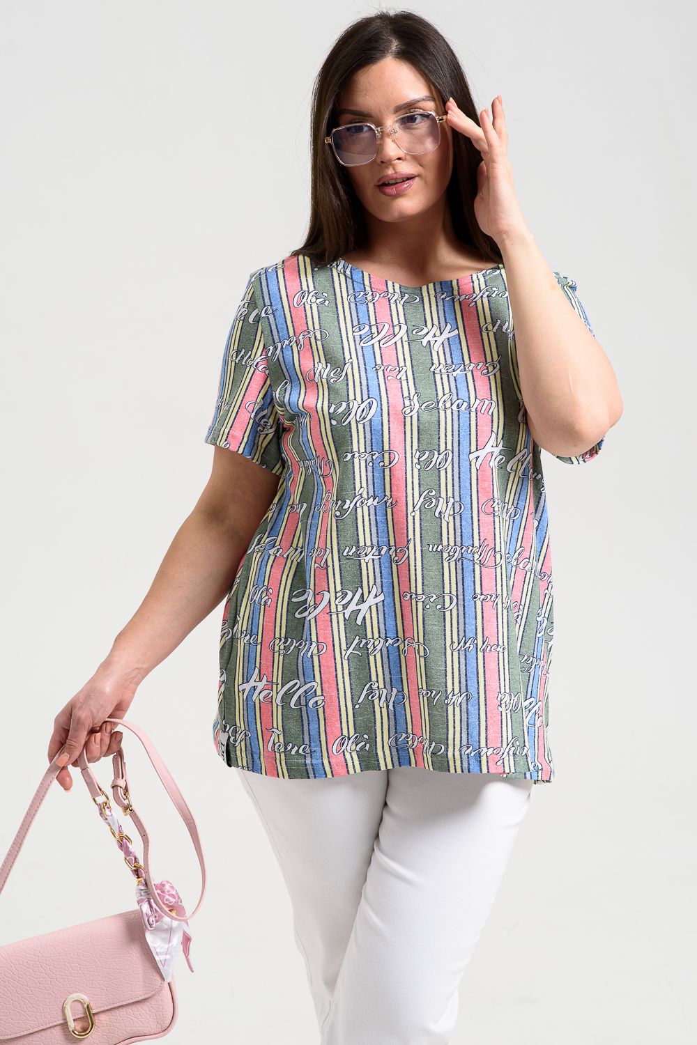 Футболка 9066 - полоса зел+гол+коралл с буквами