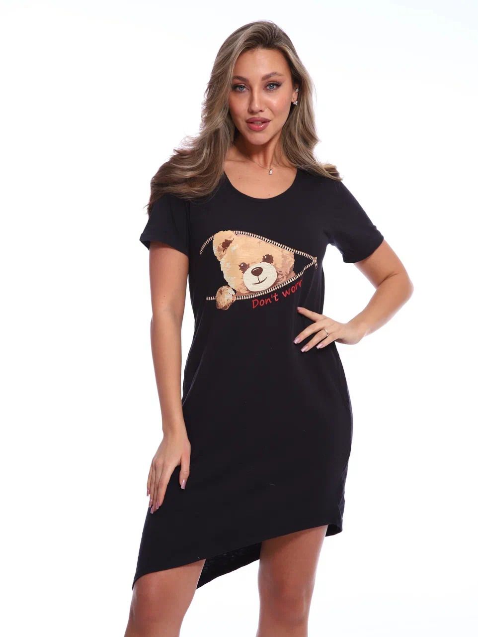 Футболка-туника удлиненная асимметричная с карманами Арт. 517 - бежевый+мишки