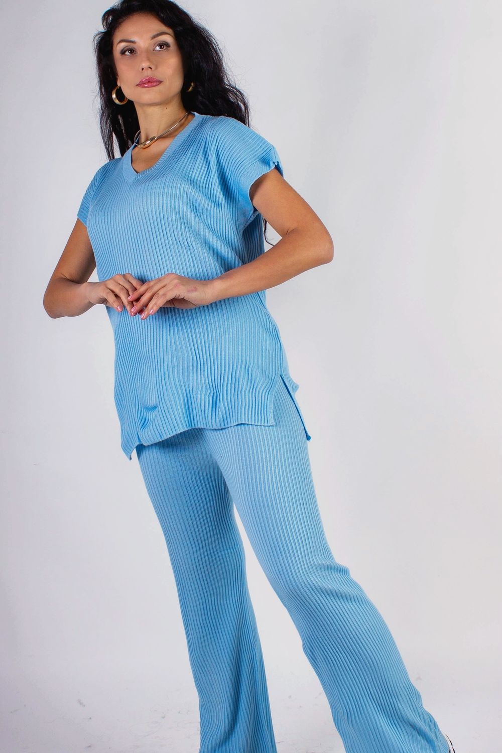 Вязаный хлопковый костюм Джемпер + Брюки палаццо, арт.219-АТ - голубой