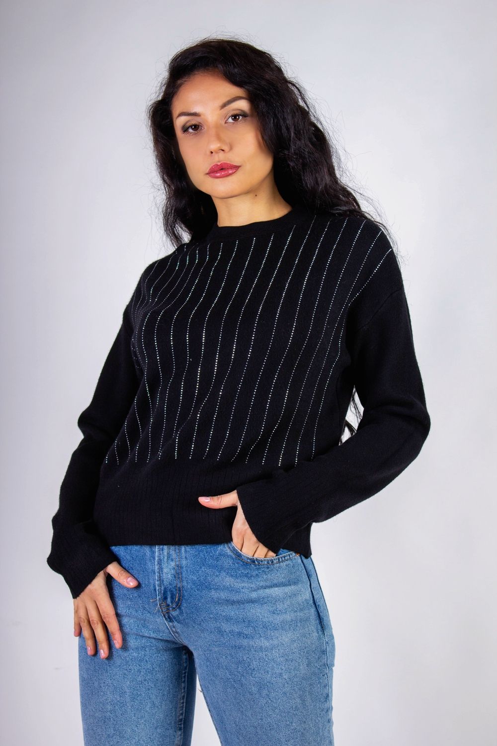 Джемпер со стразами Полосы арт.JL240 - черный