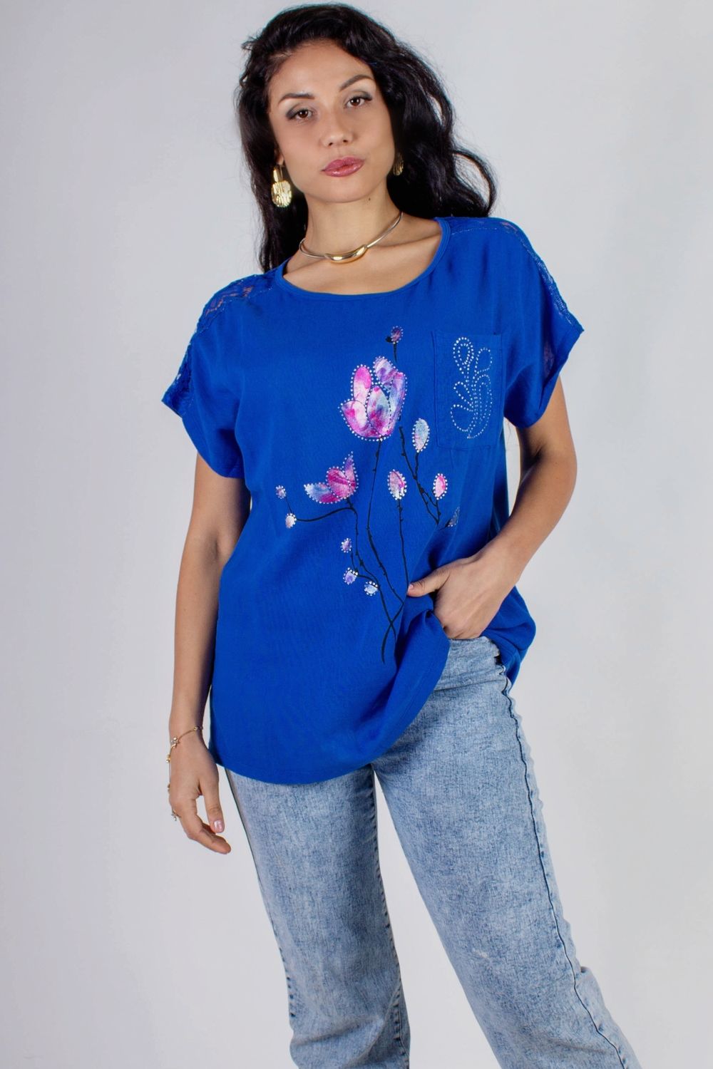 Льняная блуза Цветы - синий