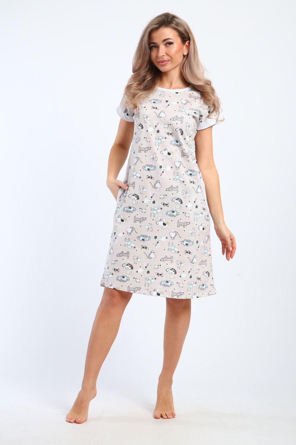 Платье домашнее арт. ПлД-00-010 - светло-серый/собачки