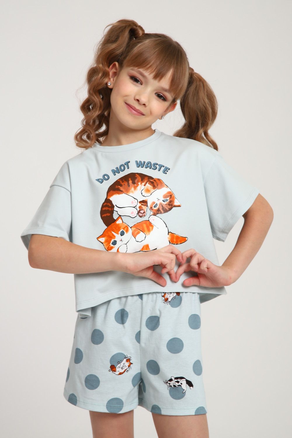 Пижама для девочки Котята ПД-019-077 - серо-зеленый/бирюза