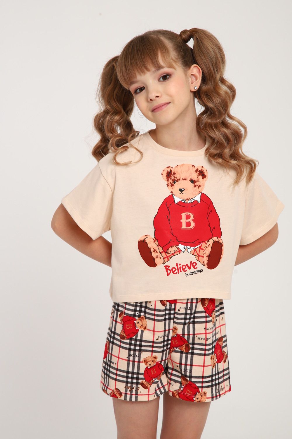 Пижама для девочки Медведь-клетка ПД-019-075 - крем/красный