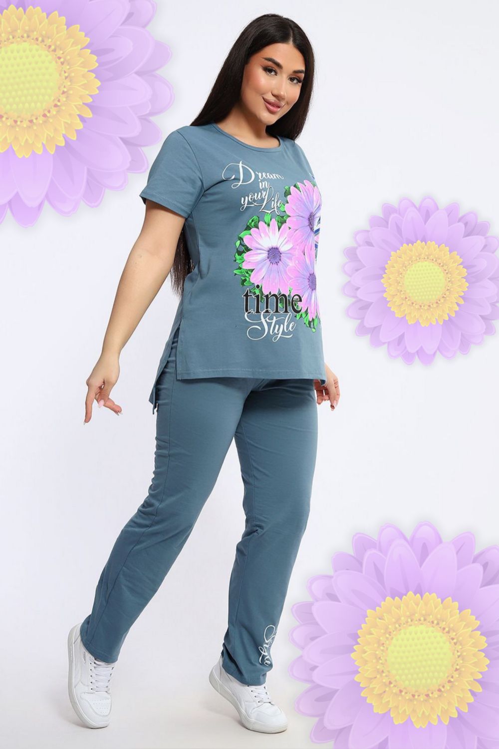 646 Костюм с брюками - Gerbera Style - серо-голубой