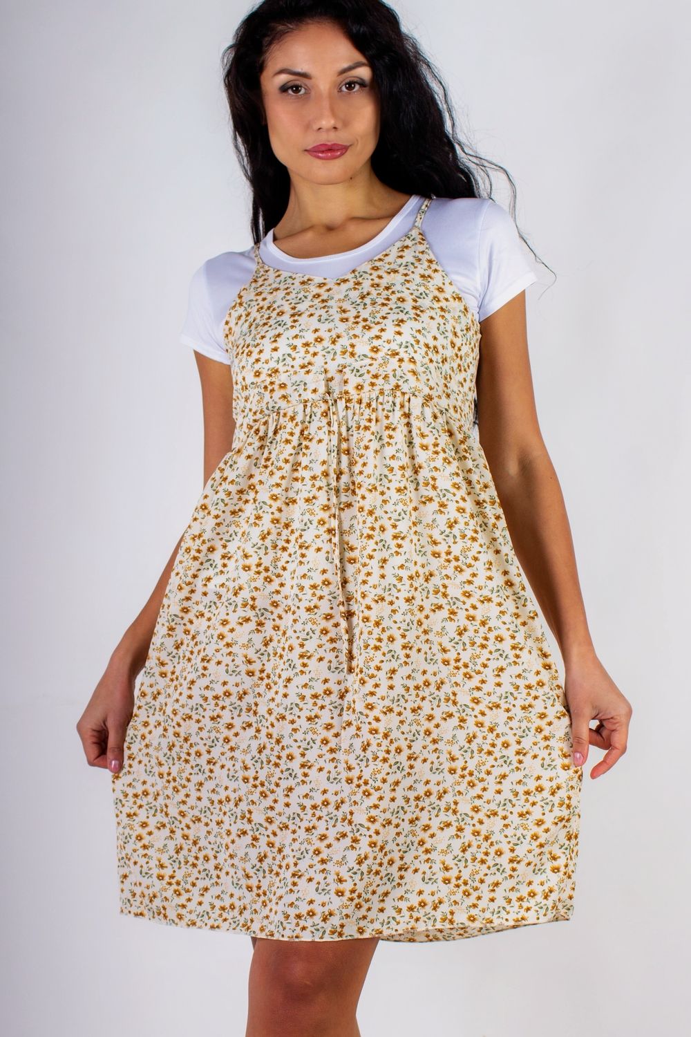 Комплект Сарафан с кокеткой+Футболка, арт. 8686 - молочный + коричневые цветы