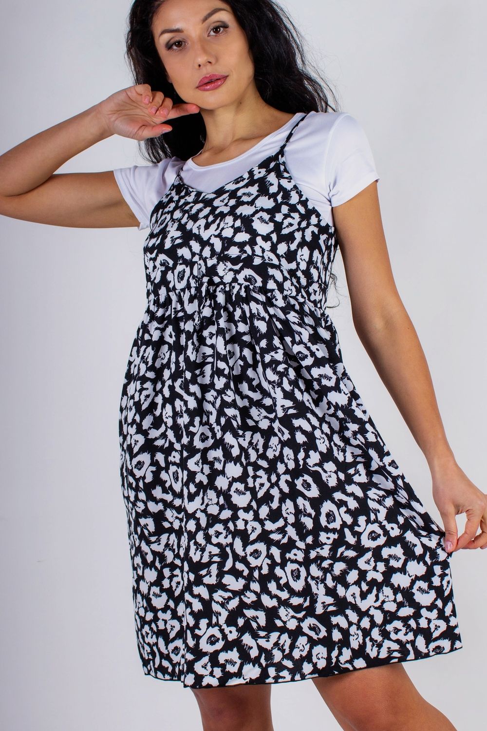 Комплект Сарафан с кокеткой+Футболка, арт. 8686 - Черный+белые штрихи