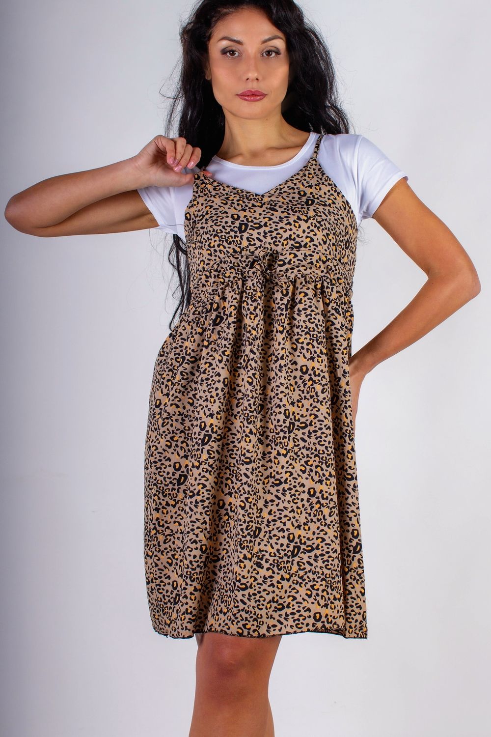 Сарафан с кокеткой арт. 8687 - бежевый + черно оранжевый леопард