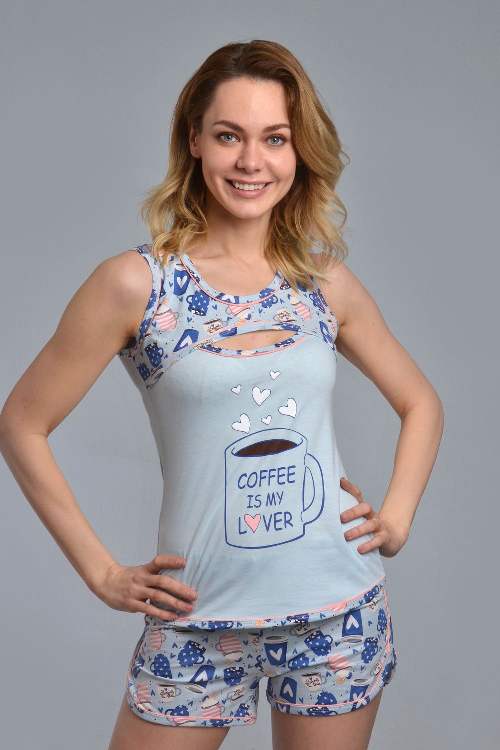 Пижама с шортами КОФЕ - голубой