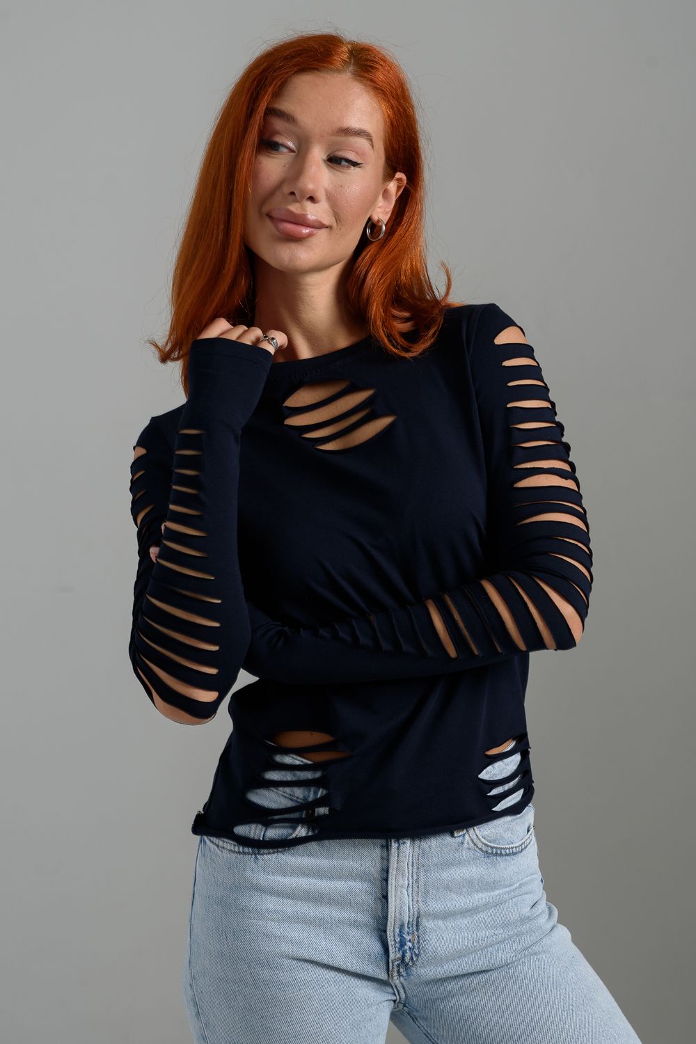 7476 Лонгслив женский - темно-синий