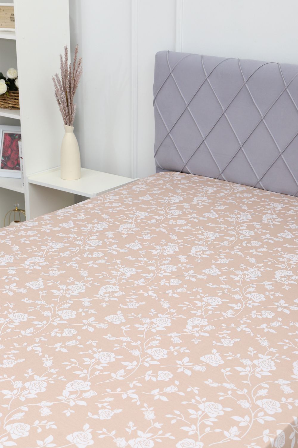 Простыня на резинке поплин Цветочный рай-компаньон - кофейный