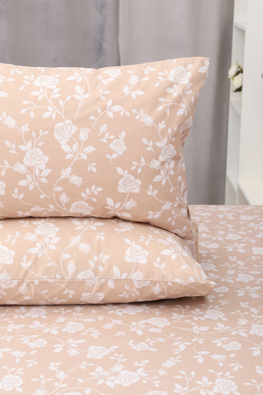 Наволочка поплин Цветочный рай-компаньон - кофейный