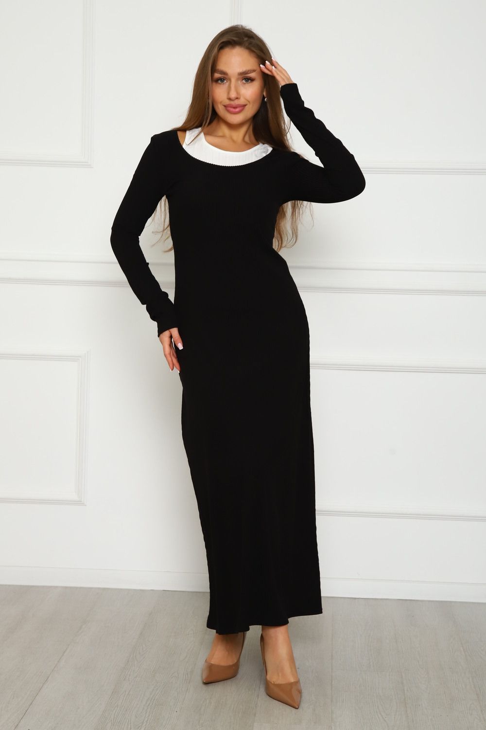 Длинное платье лапша m3 - белый/черный