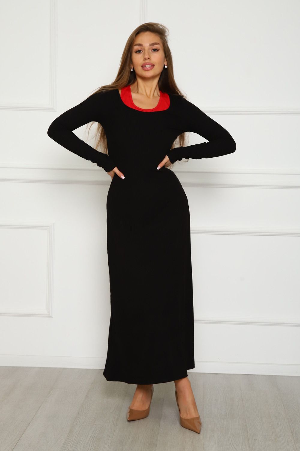 Длинное платье лапша m3 - черный/красный