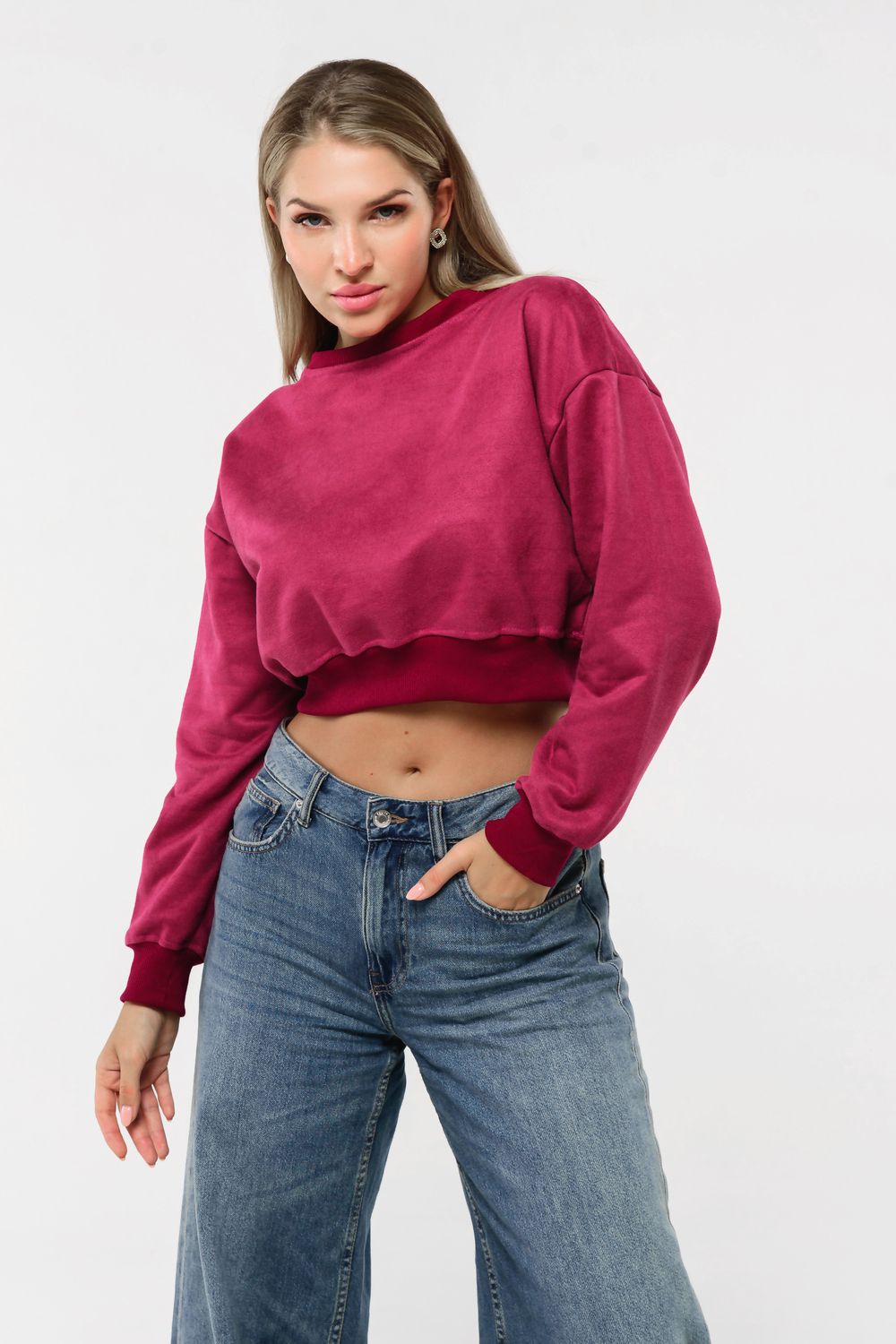 Свитшот 3 оверсайз короткий - брусника