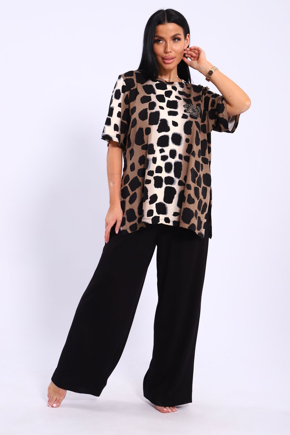 Трикотажный костюм из вискозы - 393 - леопард+черный