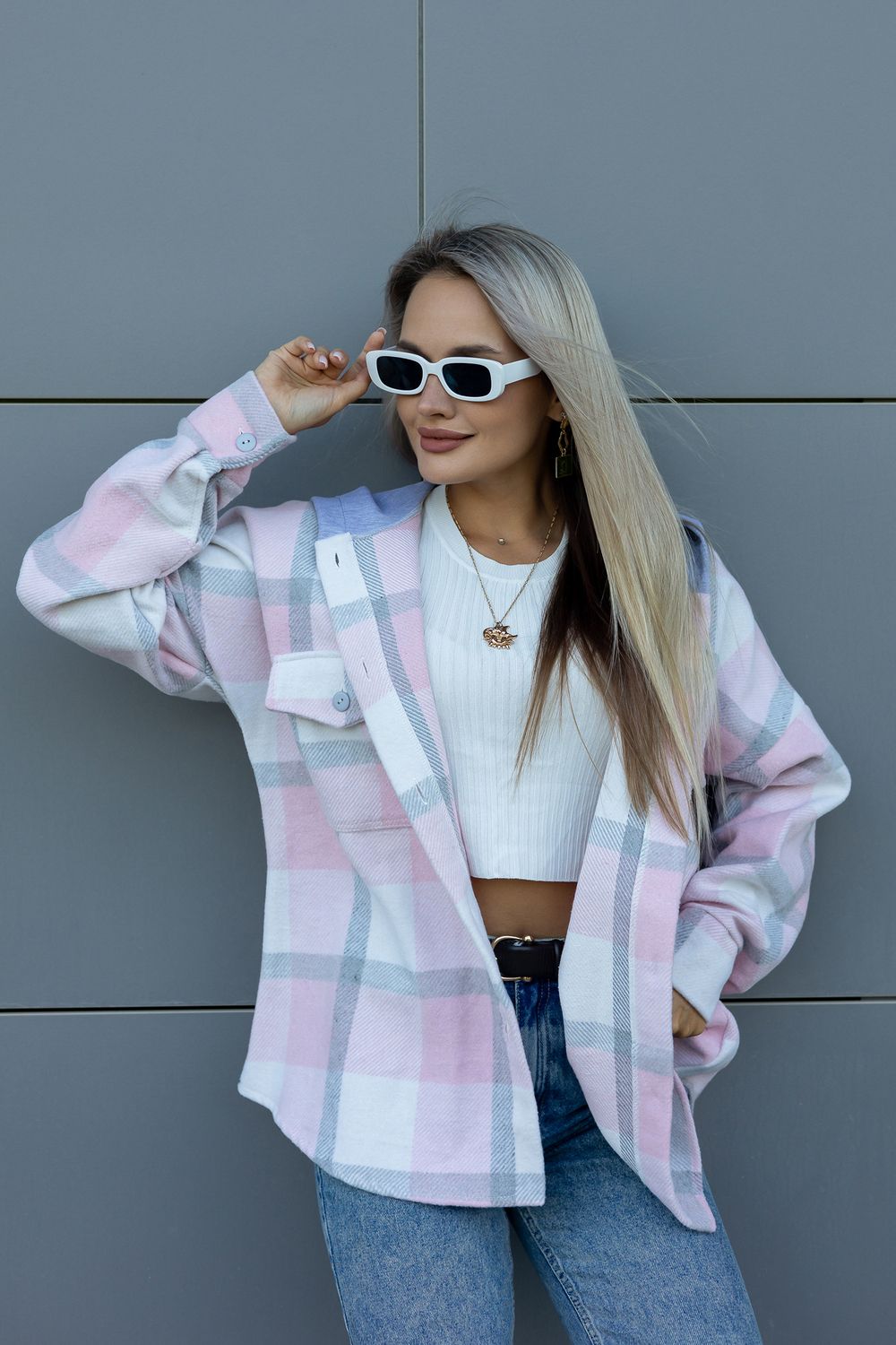 Рубашка женская в клетку с капюшоном РЖКК-01 - светло-розовый