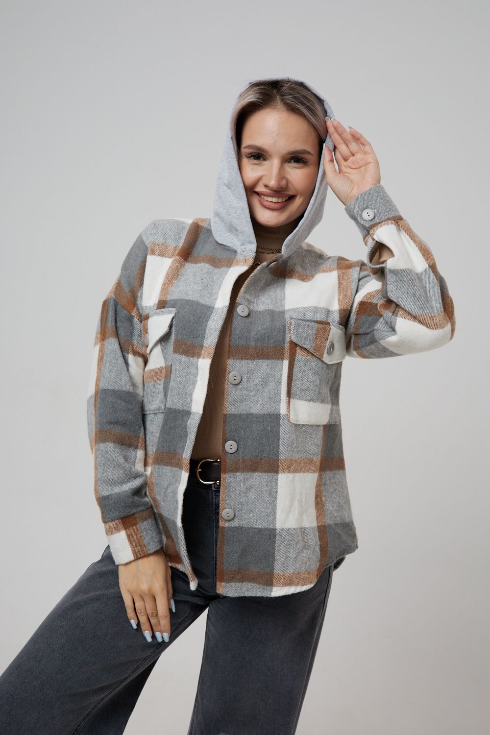 Рубашка женская в клетку с капюшоном РЖКК-01 - хаки