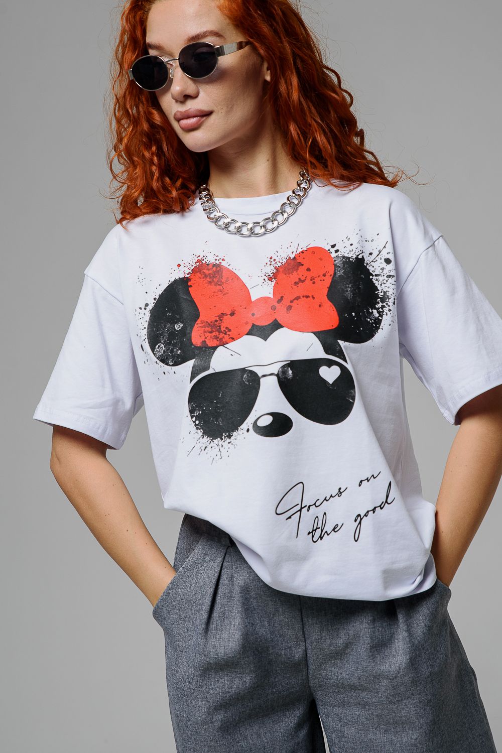 8506/1 Футболка женская оверсайз - белый+Минни