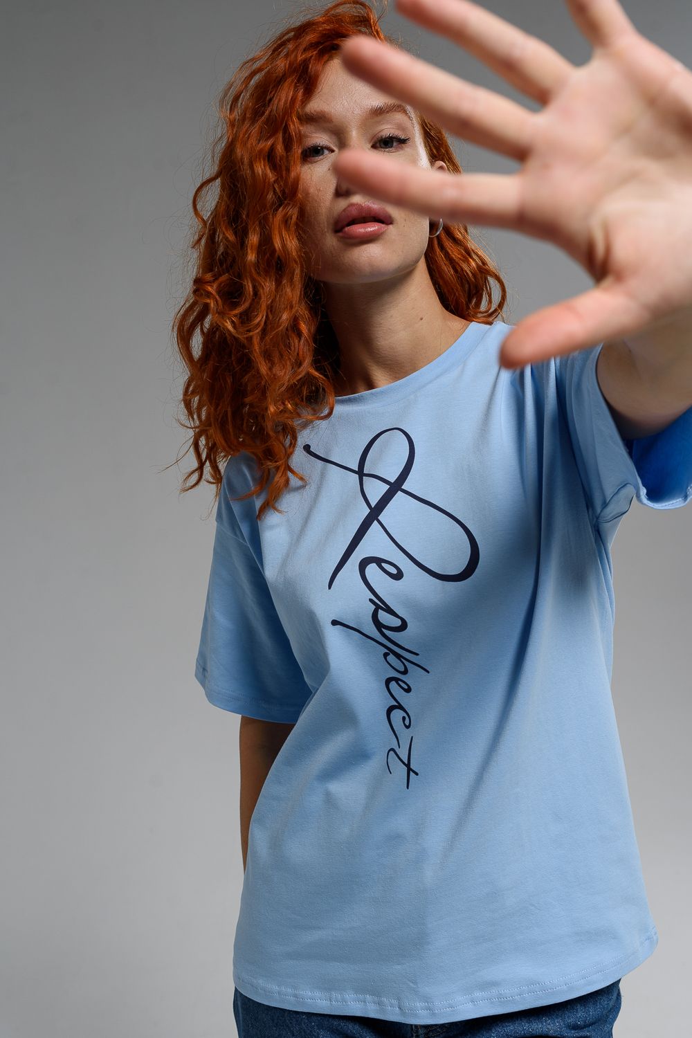 8506/1 Футболка женская оверсайз - голубой+Respect