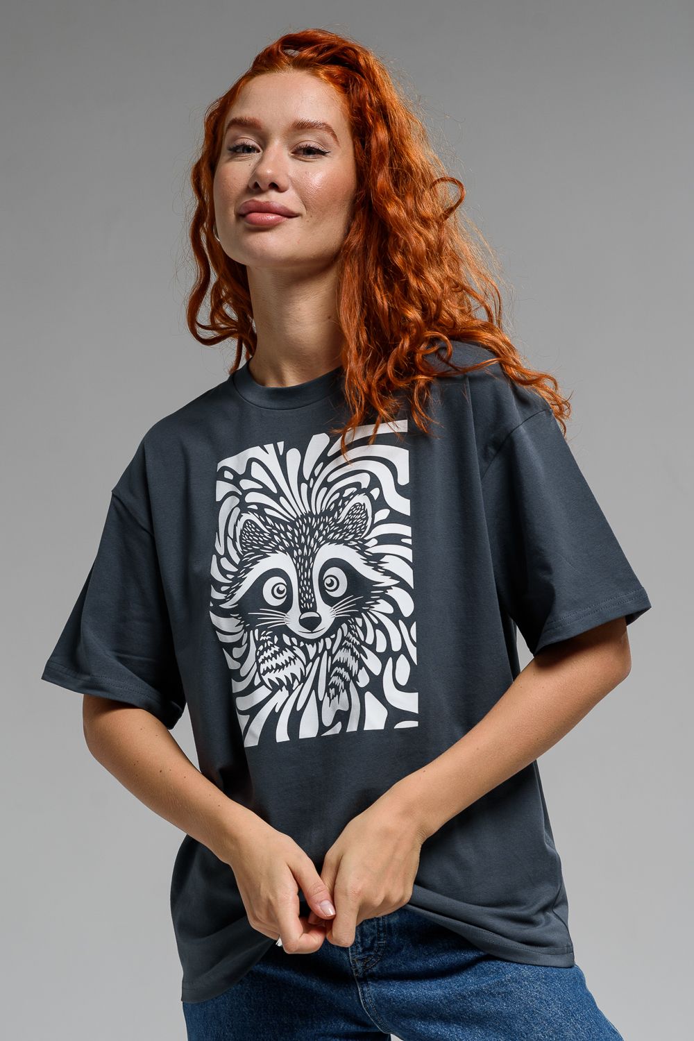 8506/1 Футболка женская оверсайз - графит+Енот