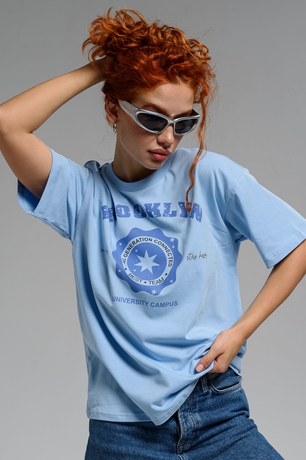 8506/1 Футболка женская оверсайз - голубой+Университет