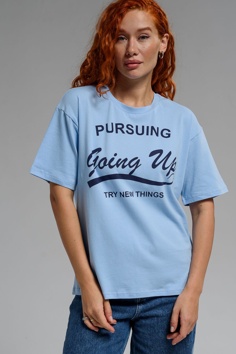8506/1 Футболка женская оверсайз - голубой+UP