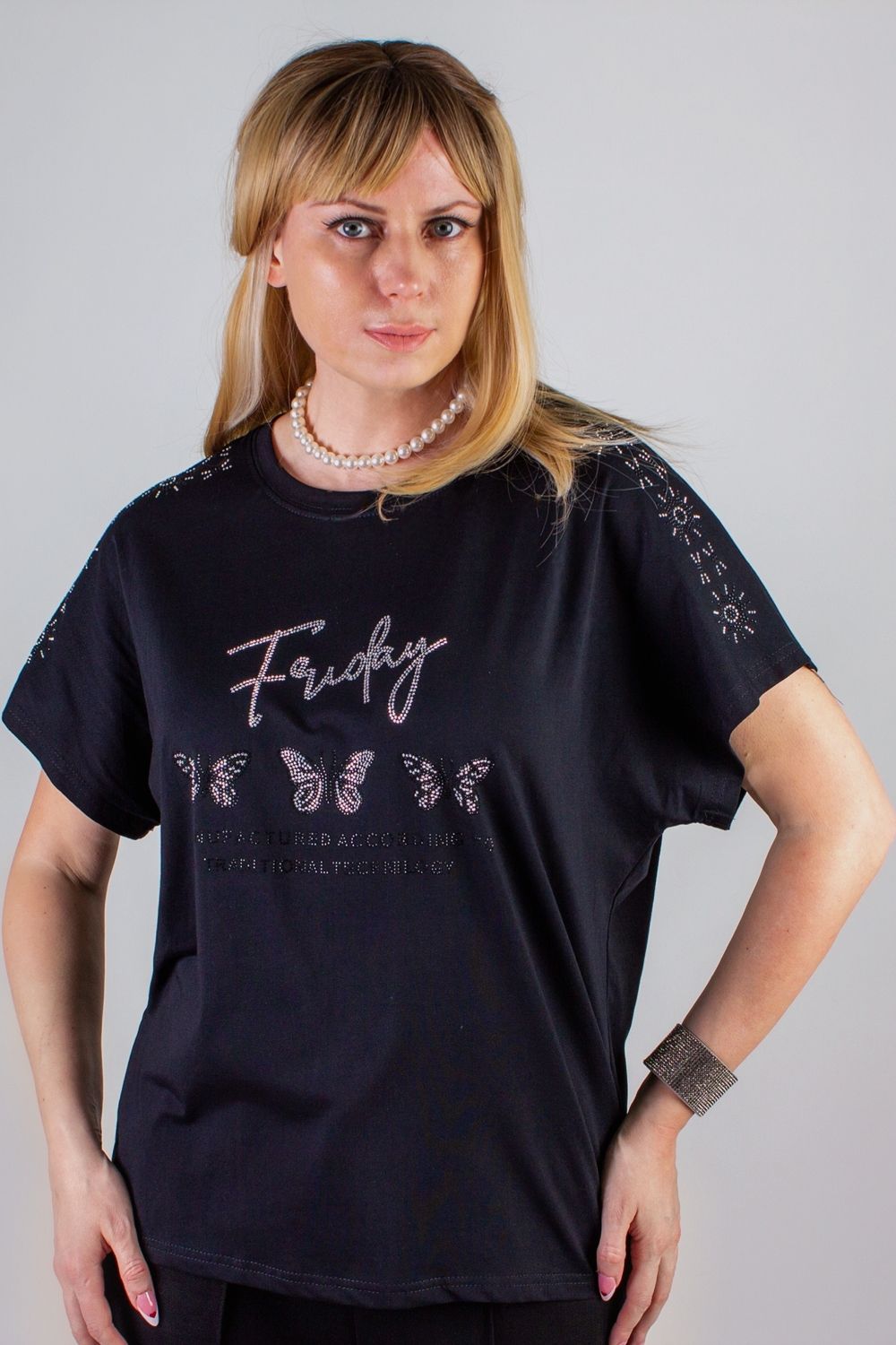 Нарядная футболка Бабочки из страз арт.8 - черный