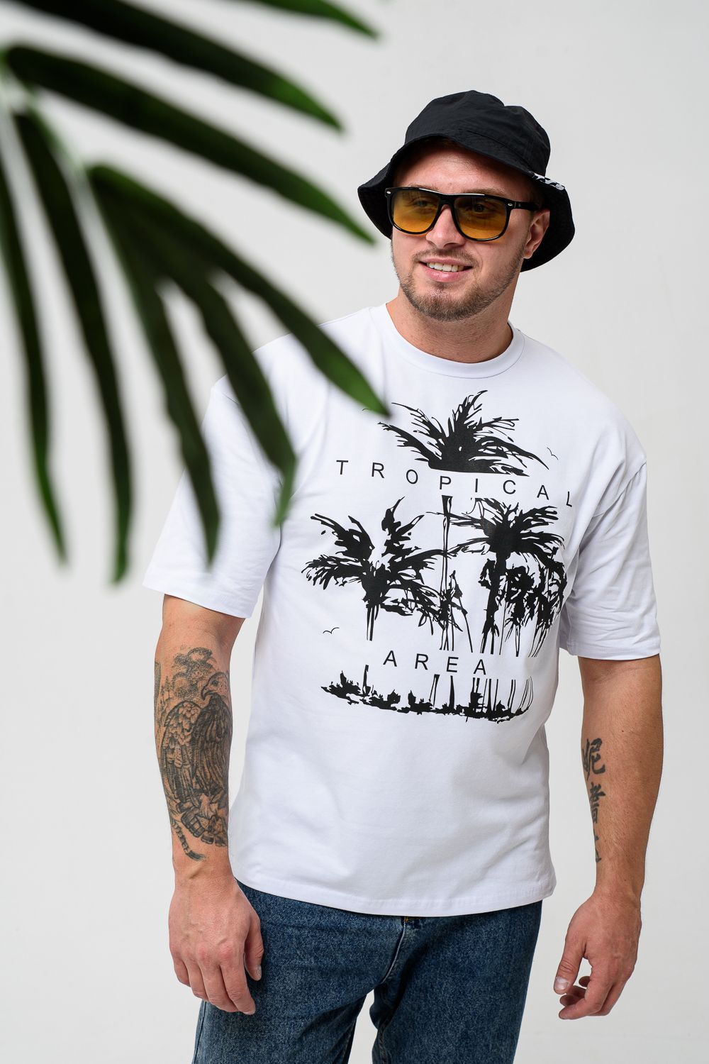 Футболка мужская 8507/1 оверсайз - белый+тропики