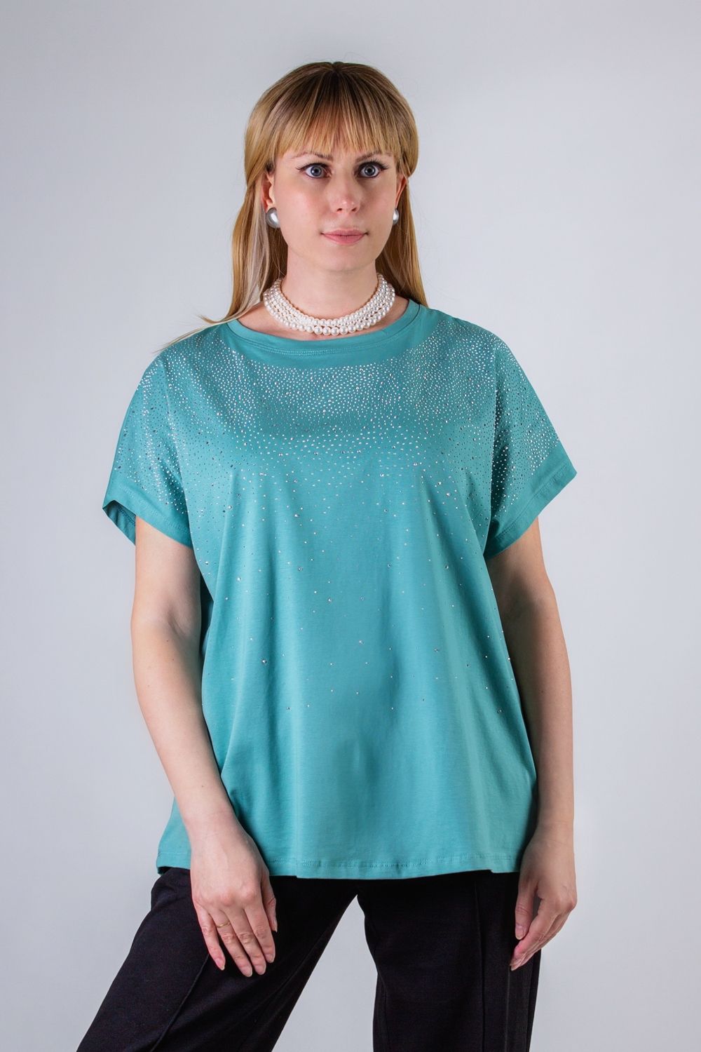Нарядная футболка со стразами, арт.6167 - бирюза